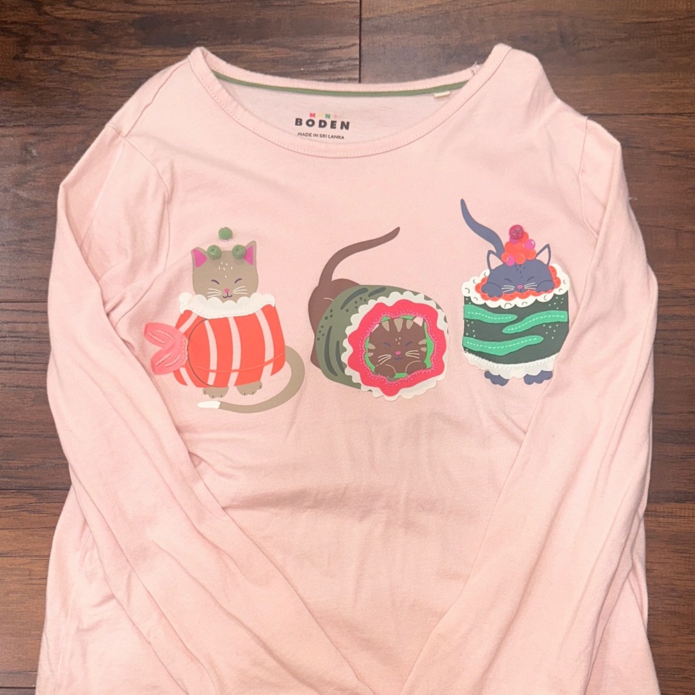 Boden Light Pink Long-Sleeve Tee with Cute Cat Treat Graphic
